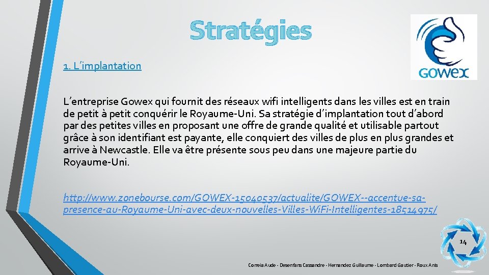 Stratégies 1. L’implantation L’entreprise Gowex qui fournit des réseaux wifi intelligents dans les villes