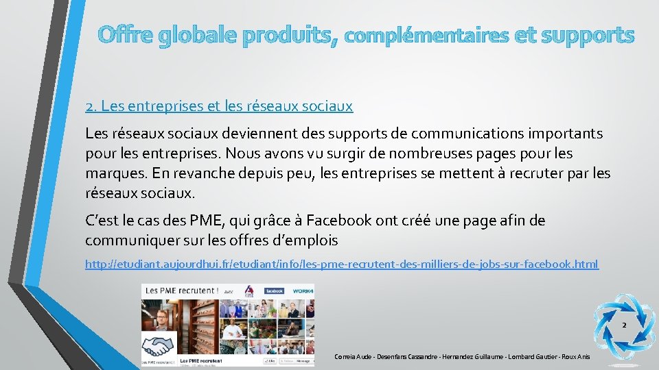 Offre globale produits, complémentaires et supports 2. Les entreprises et les réseaux sociaux Les