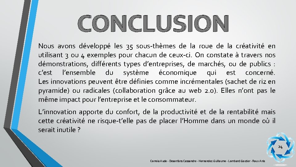 CONCLUSION Nous avons développé les 35 sous-thèmes de la roue de la créativité en