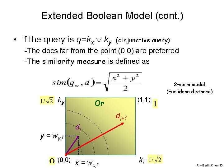 Extended Boolean Model (cont. ) • If the query is q=kx ky (disjunctive query)