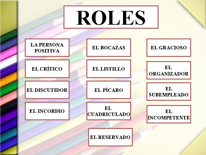 ROLES LA PERSONA POSITIVA EL BOCAZAS EL GRACIOSO EL CRÍTICO EL LISTILLO EL ORGANIZADOR