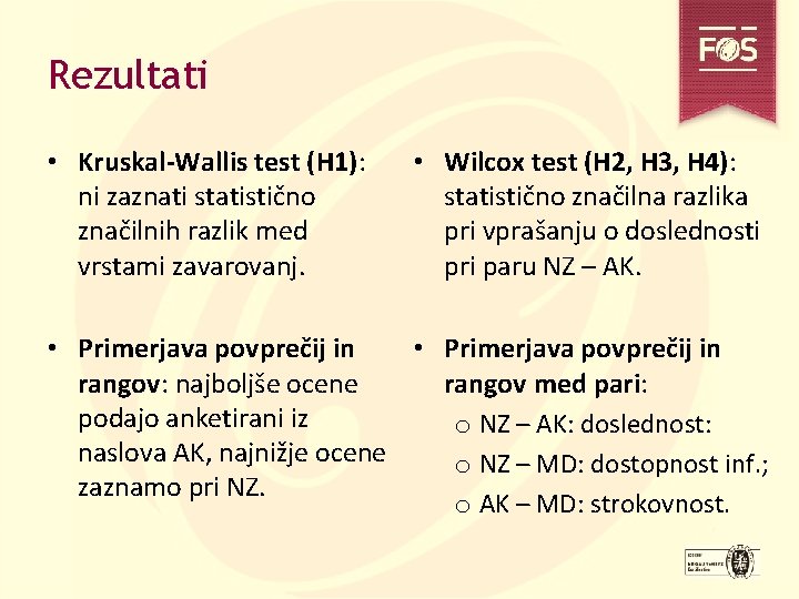 Rezultati • Kruskal-Wallis test (H 1): ni zaznati statistično značilnih razlik med vrstami zavarovanj.