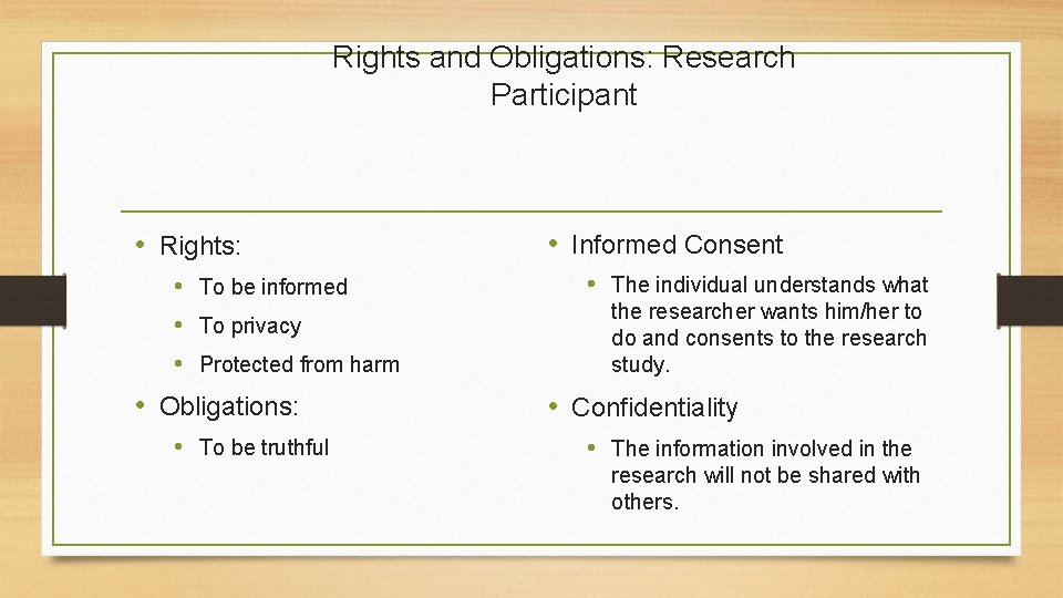 Rights and Obligations: Research Participant • Rights: • To be informed • To privacy