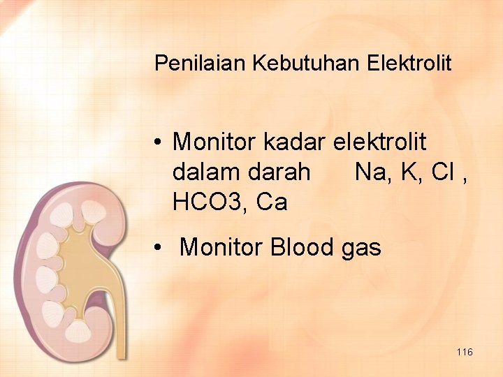 Penilaian Kebutuhan Elektrolit • Monitor kadar elektrolit dalam darah Na, K, Cl , HCO