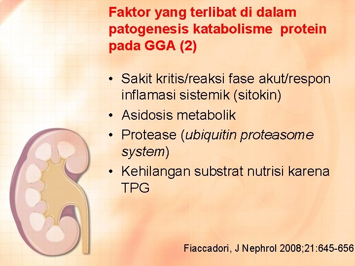 Faktor yang terlibat di dalam patogenesis katabolisme protein pada GGA (2) • Sakit kritis/reaksi