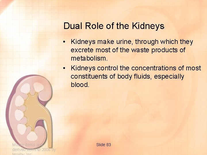 Dual Role of the Kidneys • Kidneys make urine, through which they excrete most