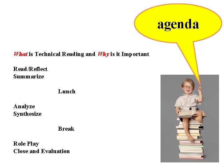 agenda What is Technical Reading and Why is it Important Read/Reflect Summarize Lunch Analyze