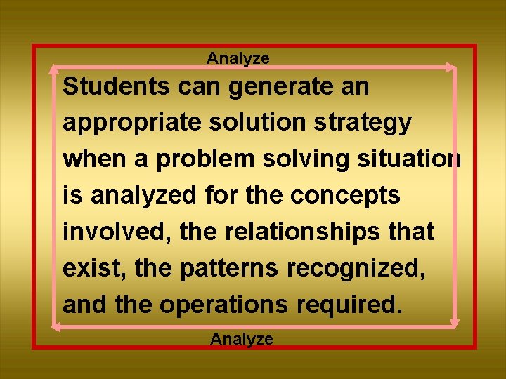 Analyze Students can generate an appropriate solution strategy when a problem solving situation is