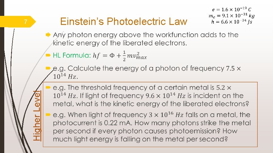 Einstein’s Photoelectric Law 7 Higher Level 