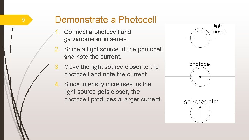 9 Demonstrate a Photocell 1. Connect a photocell and galvanometer in series. 2. Shine