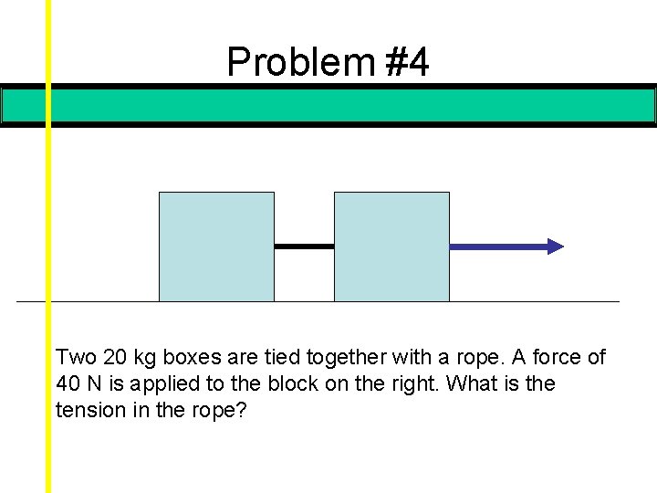 Problem #4 Two 20 kg boxes are tied together with a rope. A force