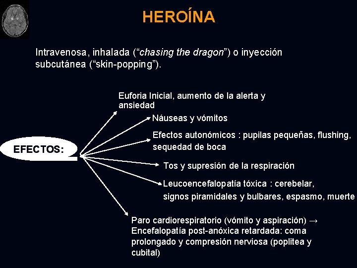 HEROÍNA Intravenosa, inhalada (“chasing the dragon”) o inyección subcutánea (“skin-popping”). Euforia Inicial, aumento de