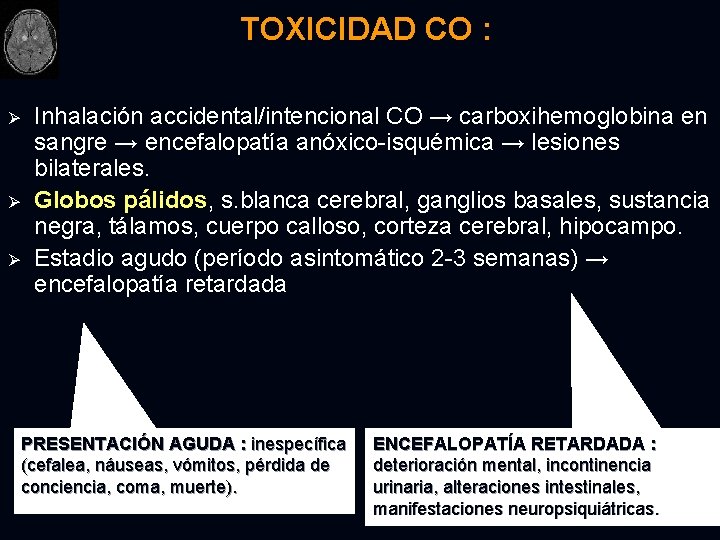 TOXICIDAD CO : Ø Ø Ø Inhalación accidental/intencional CO → carboxihemoglobina en sangre →