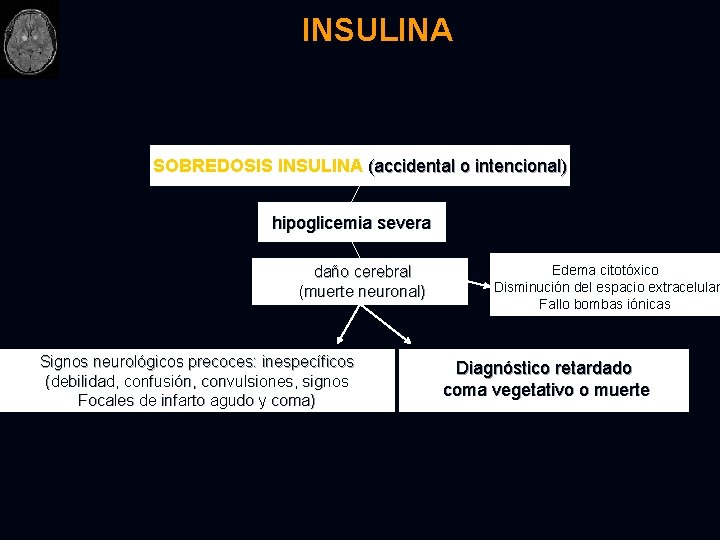 INSULINA SOBREDOSIS INSULINA (accidental o intencional) hipoglicemia severa daño cerebral (muerte neuronal) Signos neurológicos