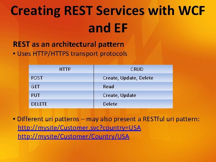 Creating REST Services with WCF and EF REST as an architectural pattern • Uses