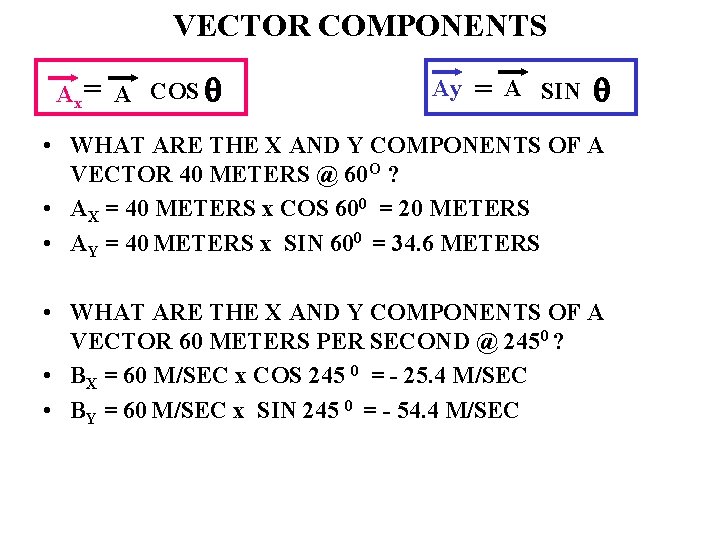 VECTOR COMPONENTS Ax = A COS Ay = A SIN • WHAT ARE THE
