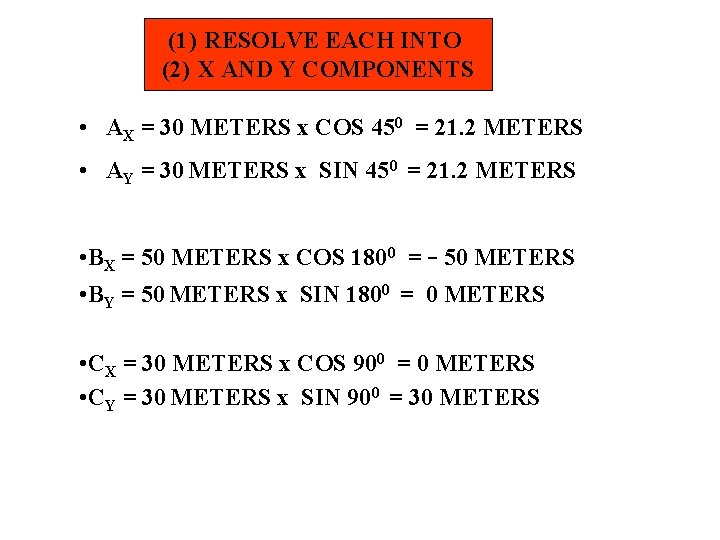 (1) RESOLVE EACH INTO (2) X AND Y COMPONENTS • AX = 30 METERS