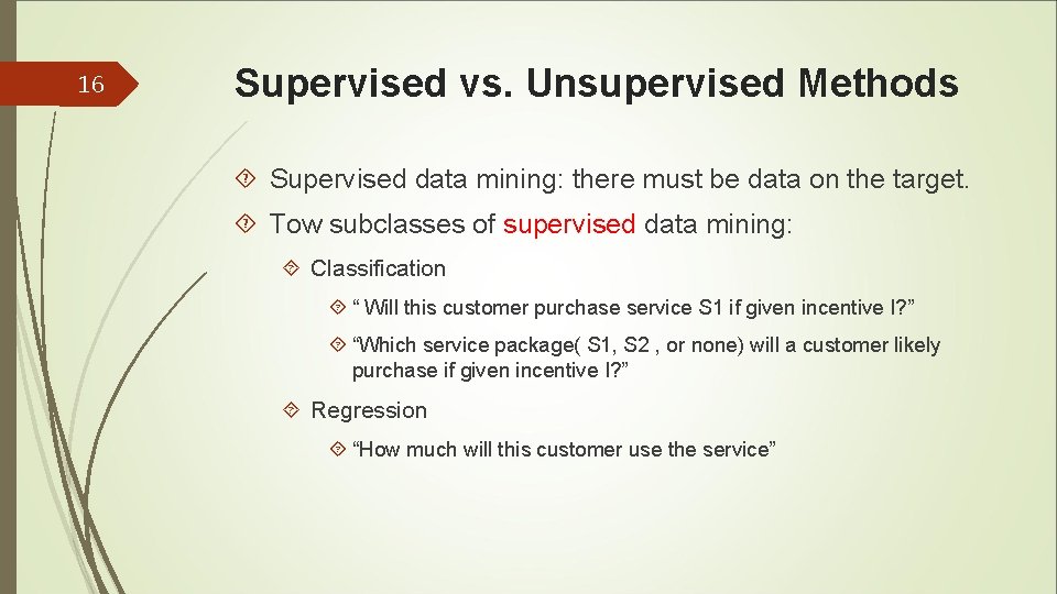 16 Supervised vs. Unsupervised Methods Supervised data mining: there must be data on the 16 Supervised vs. Unsupervised Methods Supervised data mining: there must be data on the