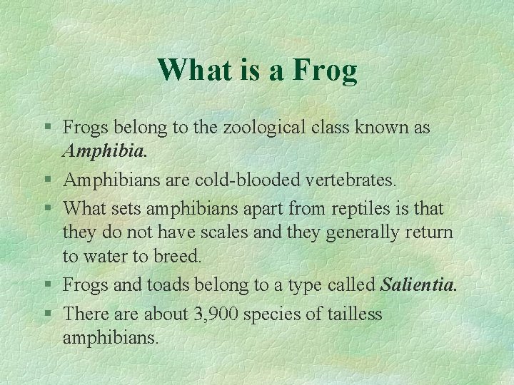 What is a Frog § Frogs belong to the zoological class known as Amphibia.