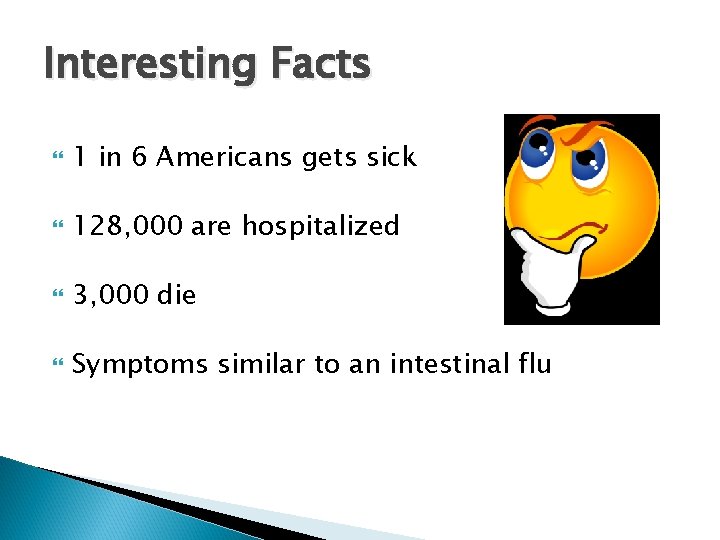 Interesting Facts 1 in 6 Americans gets sick 128, 000 are hospitalized 3, 000