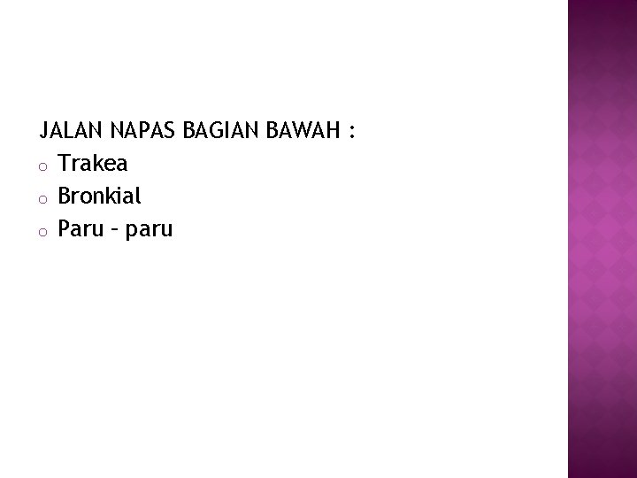 JALAN NAPAS BAGIAN BAWAH : o Trakea o Bronkial o Paru – paru 