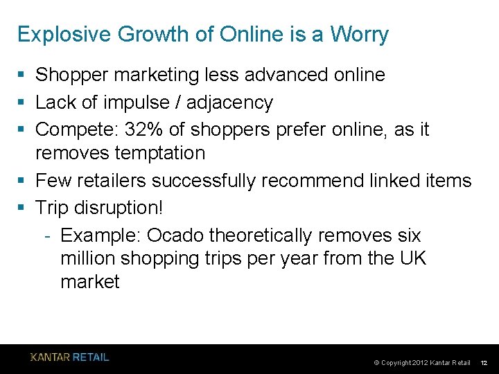 Explosive Growth of Online is a Worry § Shopper marketing less advanced online §