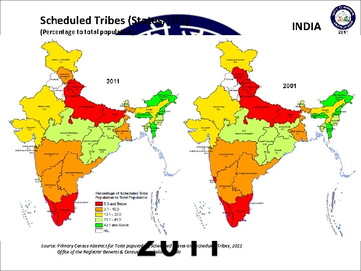 Scheduled Tribes (States/UTs) (Percentage to total population) Source: Primary Census Abstract for Total population,