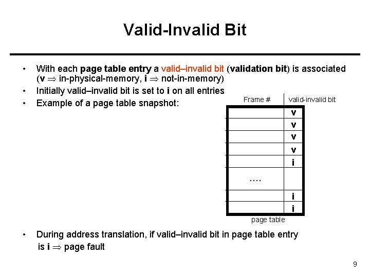 Valid-Invalid Bit • • • With each page table entry a valid–invalid bit (validation