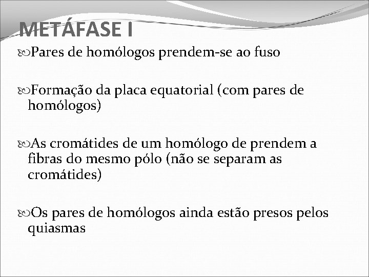 METÁFASE I Pares de homólogos prendem-se ao fuso Formação da placa equatorial (com pares