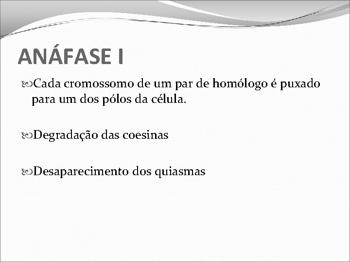 ANÁFASE I Cada cromossomo de um par de homólogo é puxado para um dos