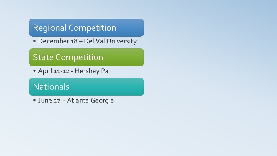 Regional Competition • December 18 – Del Val University State Competition • April 11