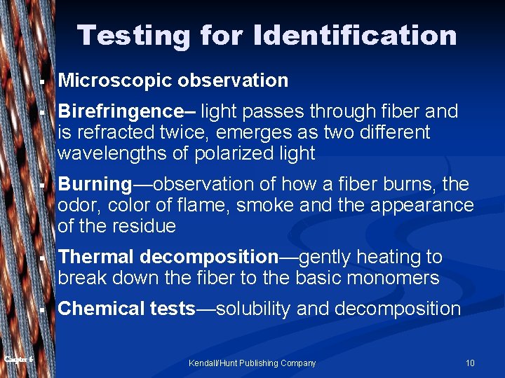 Testing for Identification Chapter 6 § Microscopic observation § Birefringence– light passes through fiber