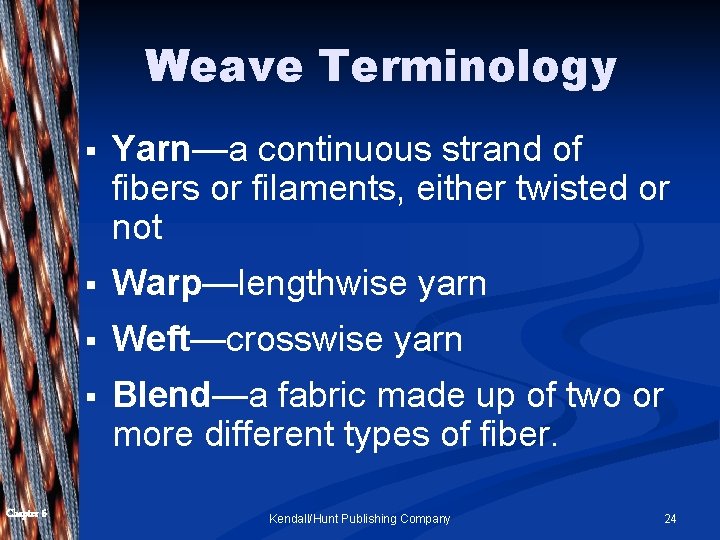 Weave Terminology Chapter 6 § Yarn—a continuous strand of fibers or filaments, either twisted