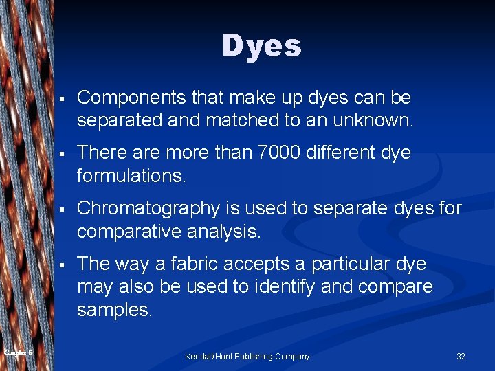 Dyes Chapter 6 § Components that make up dyes can be separated and matched