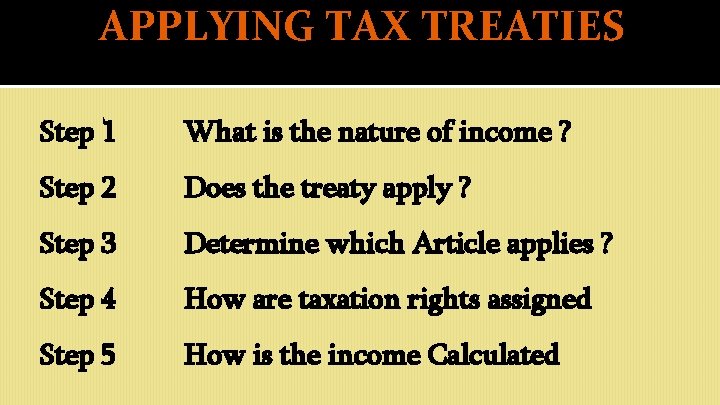 APPLYING TAX TREATIES Step 1 What is the nature of income ? Step 2