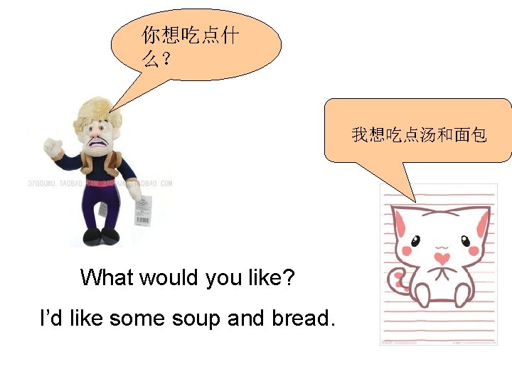 你想吃点什 么？ 我想吃点汤和面包 What would you like? I’d like some soup and bread. 