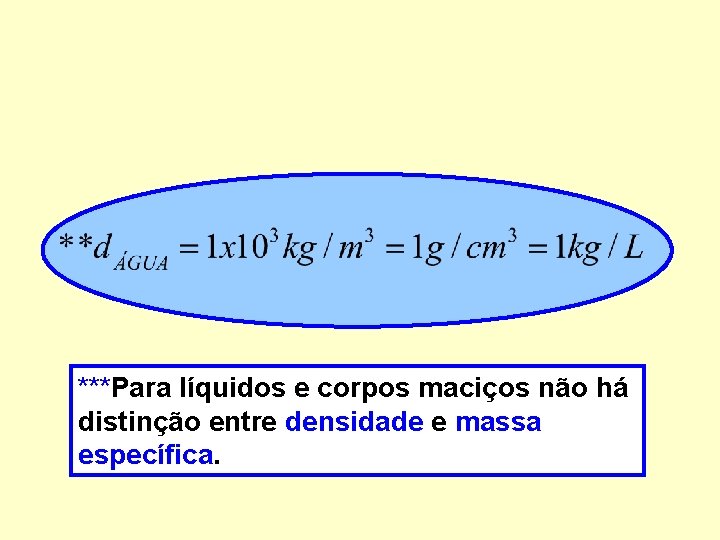 ***Para líquidos e corpos maciços não há distinção entre densidade e massa específica. 