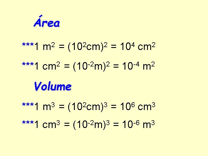 Área ***1 m 2 = (102 cm)2 = 104 cm 2 ***1 cm 2