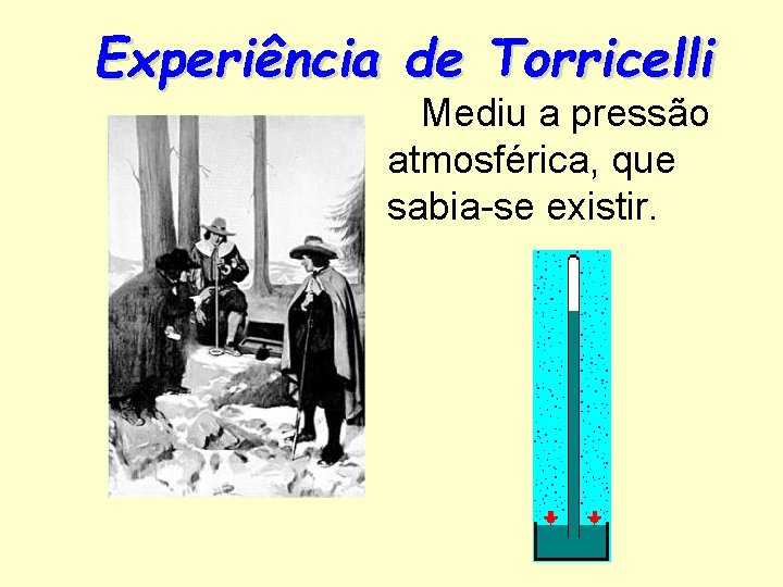 Experiência de Torricelli Mediu a pressão atmosférica, que sabia-se existir. 