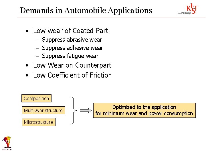 Demands in Automobile Applications • Low wear of Coated Part – Suppress abrasive wear