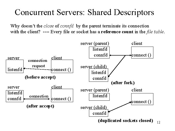 Concurrent Servers: Shared Descriptors Why doesn’t the close of connfd by the parent terminate