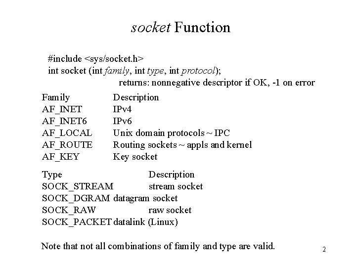socket Function #include <sys/socket. h> int socket (int family, int type, int protocol); returns: