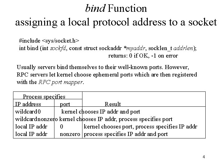 bind Function assigning a local protocol address to a socket #include <sys/socket. h> int