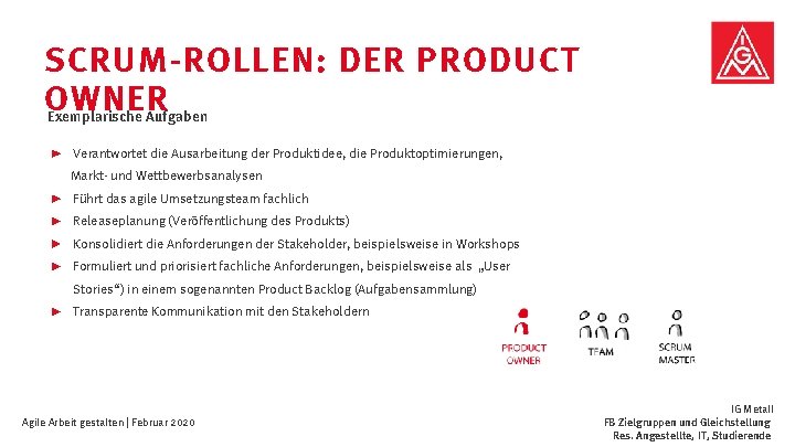 SCRUM-ROLLEN: DER PRODUCT OWNER Exemplarische Aufgaben Verantwortet die Ausarbeitung der Produktidee, die Produktoptimierungen, Markt-