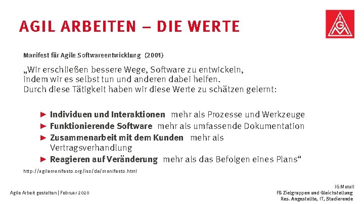 AGIL ARBEITEN – DIE WERTE Manifest für Agile Softwareentwicklung (2001) „Wir erschließen bessere Wege,