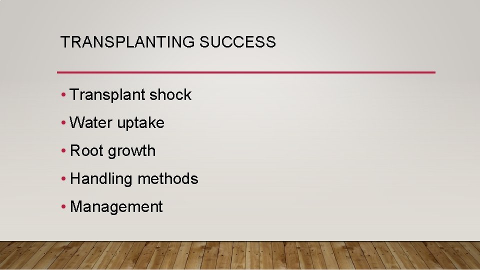 TRANSPLANTING SUCCESS • Transplant shock • Water uptake • Root growth • Handling methods