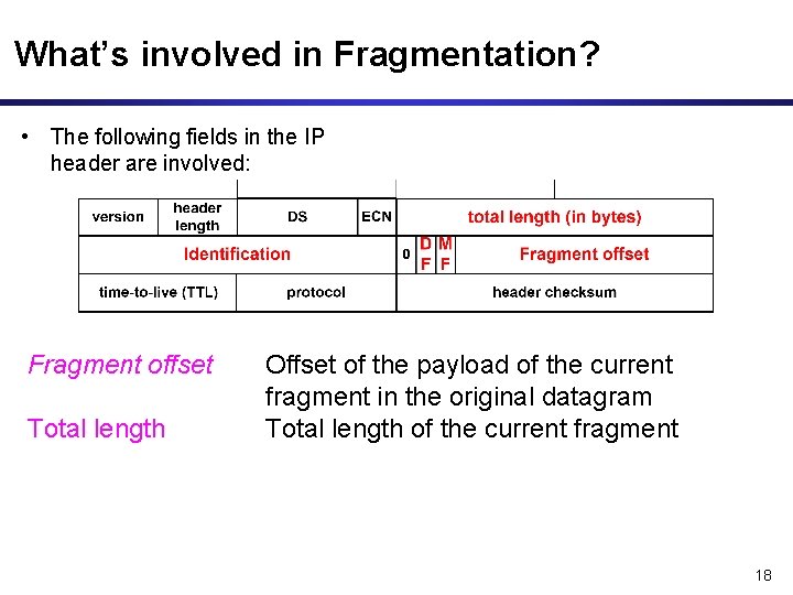 What’s involved in Fragmentation? • The following fields in the IP header are involved: