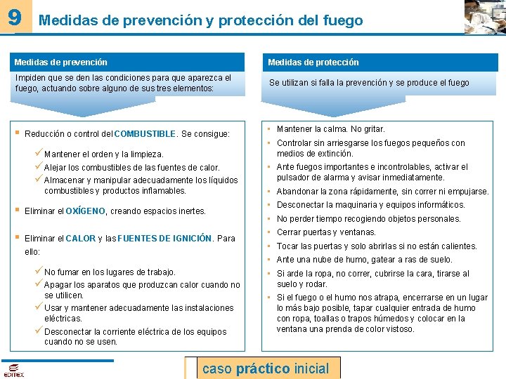 9 Medidas de prevención y protección del fuego Medidas de prevención Medidas de protección