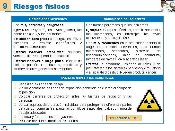 9 Riesgos físicos Radiaciones ionizantes Radiaciones no ionizantes Son muy potentes y peligrosas Ejemplos: