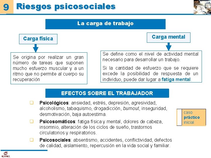 9 Riesgos psicosociales La carga de trabajo Carga mental Carga física Se origina por